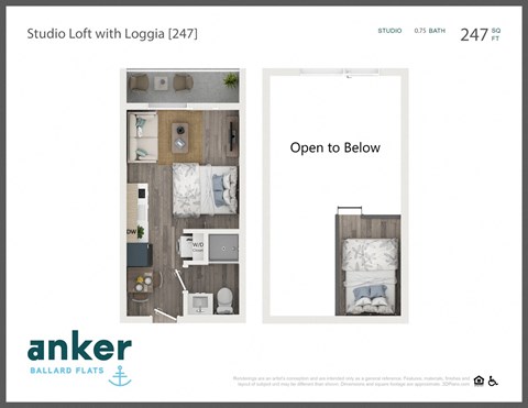 Floor plan for studio, 1 bath, 247 sqft